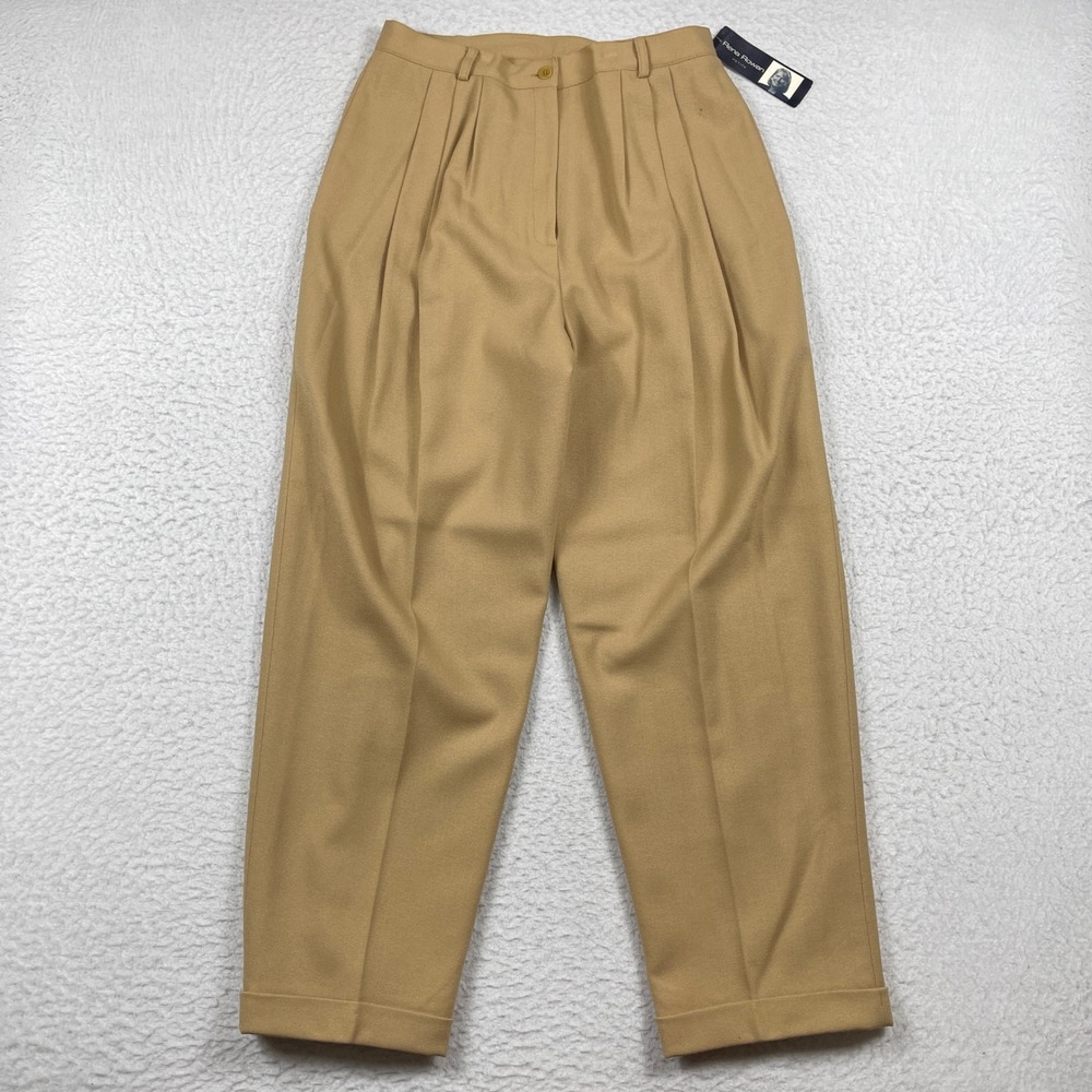 Rena Rowan Trousers Womens 14P‎ Tan Wool Pleated High Rise Cuffed Vintage